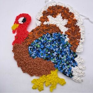 Melted Plastic Popcorn Turkey Retro Thanksgiving Decoration 15"×12" Vintage